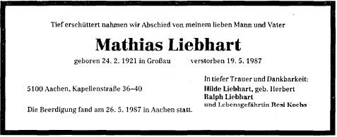 Liebhart Mathias 1921-1987 Todesanzeige